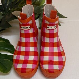 Hunter Kids Orange, Pink & White Gingham Chelsea Rain Boots